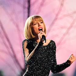 Taylor Swift performs on stage during the 58th Annual Grammy Awards in Los Angeles, California on Fe...