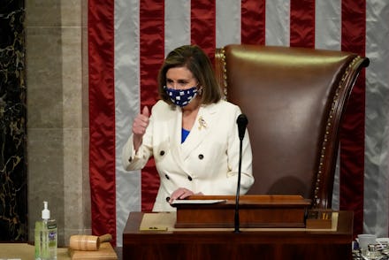 WASHINGTON, DC - MARCH 10: Speaker of the House Nancy Pelosi (D-CA) gives a thumbs up as she preside...