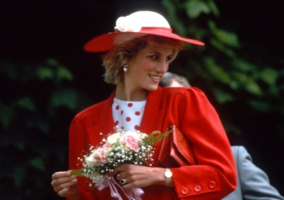 LLANTWIT MAJOR, WALES - JUNE 05: Diana, Princess of Wales, wearing a red jacket designed by Jan van ...