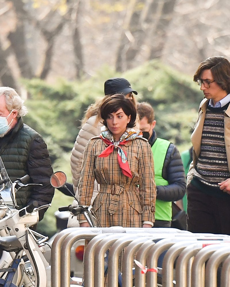 MILAN, ITALY - MARCH 10:  Director Ridley Scott, Lady Gaga and Adam Driver are seen filming "House o...