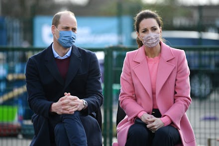 Britain's Prince William, Duke of Cambridge  and Britain's Catherine, Duchess of Cambridge listen du...