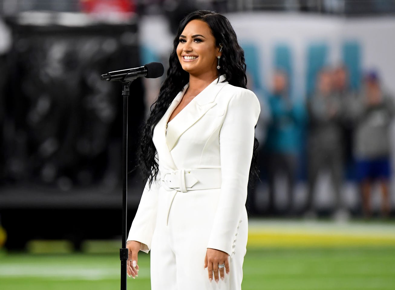 Demi Lovato performs the National Anthem onstage during Super Bowl LIV at Hard Rock Stadium on Febru...