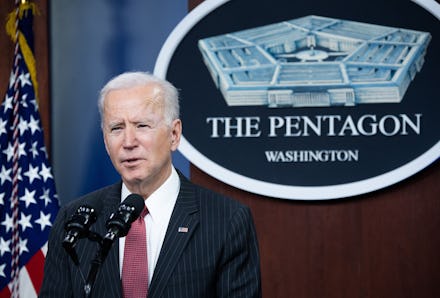 US President Joe Biden speaks during a visit to the Pentagon in Washington, DC, February 10, 2021. (...