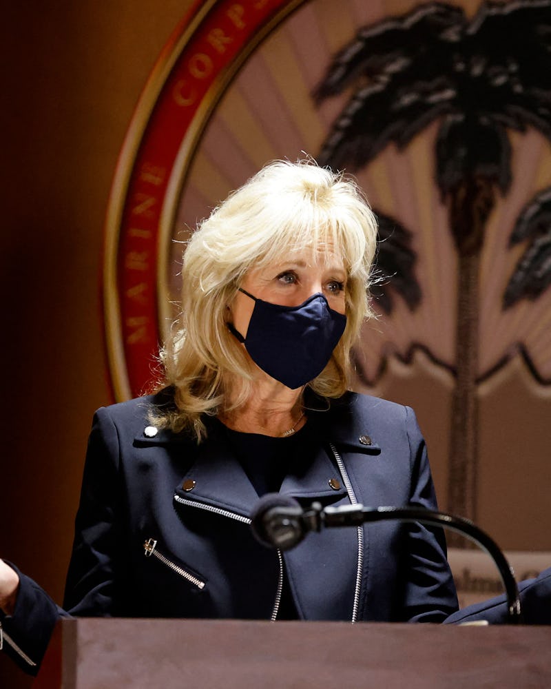 US First Lady Jill Biden speaks during a visit to the US Marine Corps Air Ground Combat Center in Tw...