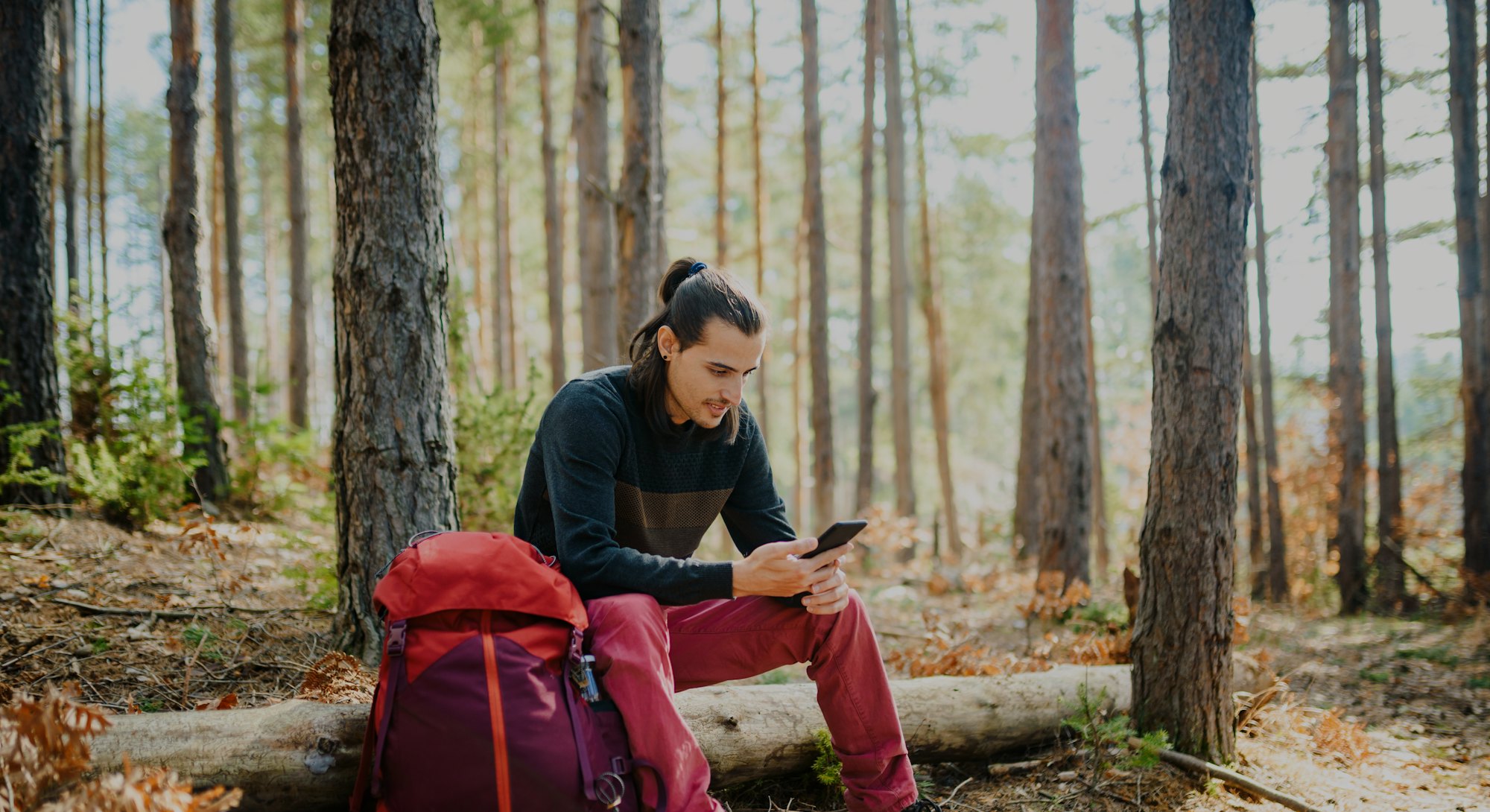 Young caucasian man using a smart phone in the nature.  Using technology in the nature concept.