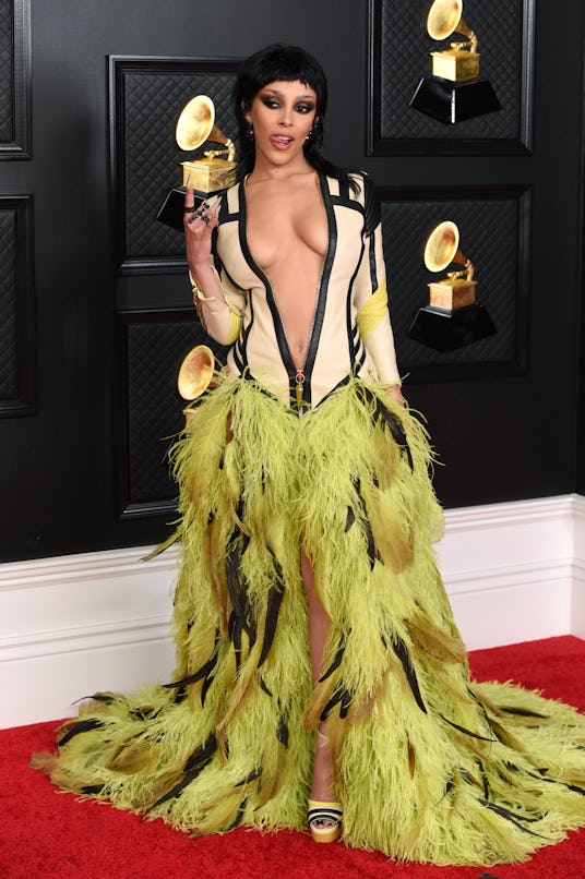 Doja Cat wearing a Roberto Cavalli gown at the 2021 Grammys.
