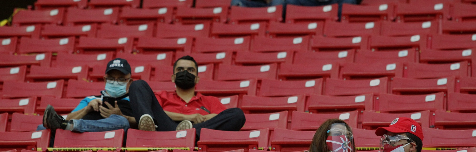 Fans are seen on the stands of the Akron stadium before the start of the Mexican Clausura football t...