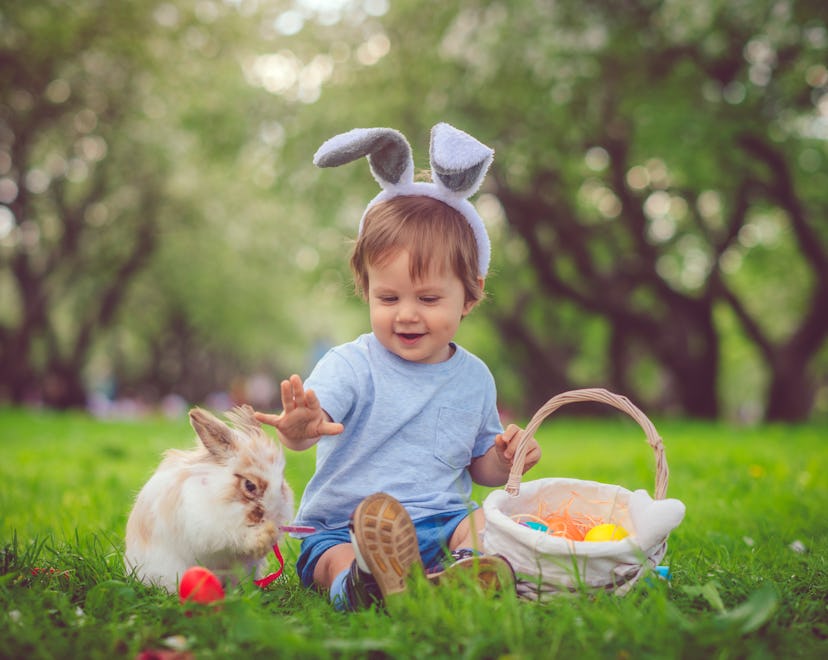Happy child playing with bunny on Easter egg hunt in springtime, wondering 'is the easter bunny real...