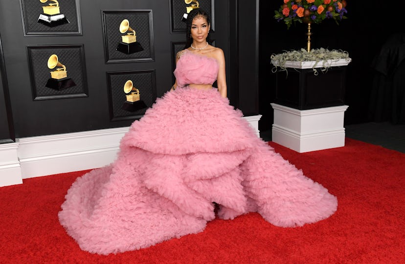 Jhené Aiko wearing a fluffy Monsoori gown at the 2021 Grammys.