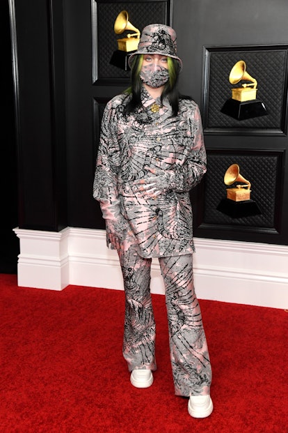 Billie Eilish wearing a full Gucci look to the 2021 Grammys.