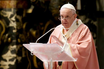 VATICAN CITY, VATICAN - MARCH 14: Pope Francis leads a mass to mark 500 years of Christianity in the...