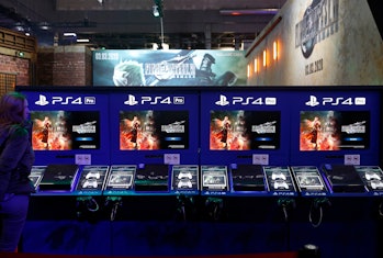 PARIS, FRANCE - OCTOBER 29: Sony PlayStation game consoles PS4 Pro with the logo of the video game '...