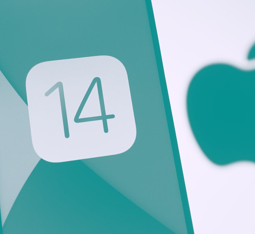 UKRAINE - 2020/10/14: In this photo illustration the iOS 14 logo of the iOS mobile operating system ...