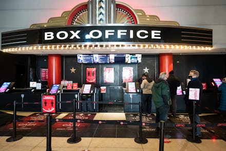 NEW YORK, NEW YORK - MARCH 05: Moviegoers line up at AMC Lincoln Square 13 on March 05, 2021 in New ...