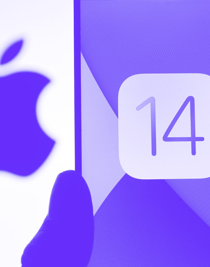 UKRAINE - 2020/10/14: In this photo illustration the iOS 14 logo of the iOS mobile operating system ...