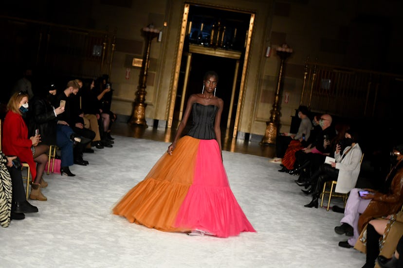 NEW YORK, NEW YORK - FEBRUARY 25: A model walks the runway during the Christian Siriano FW2021 NYFW ...