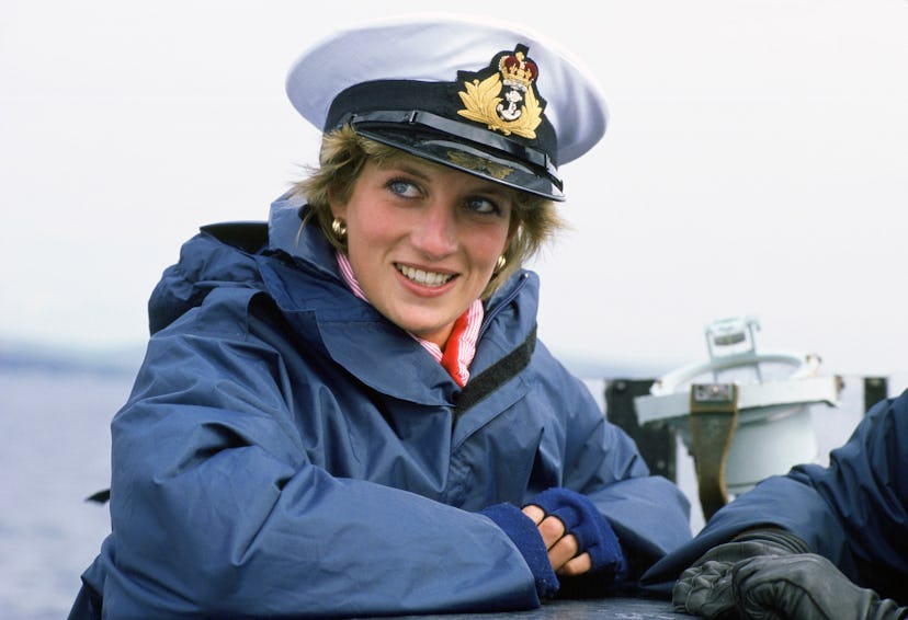 Princess Diana visits a submarine in sporty attire.