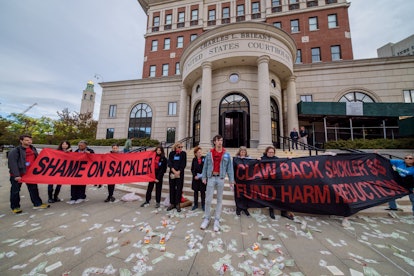 WHITE PLAINS, WESTCHESTER, UNITED STATES - 2019/10/10: Protesters holding banners outside the courth...
