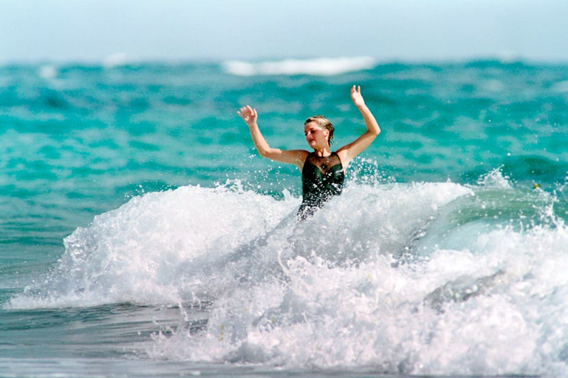 Princess Diana rides the waves in 1993.