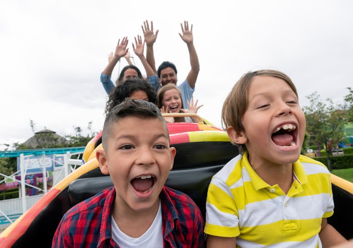 Happy kids having fun in an amusement park riding on a rollercoaster and screaming - lifestyle conce...