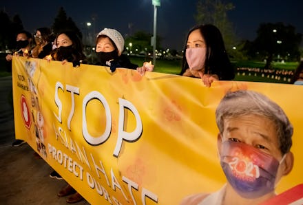 FOUNTAIN VALLEY, CA - MARCH 04: Linda Nguyen, right, a victim of anti-Asian attacks, joins members o...