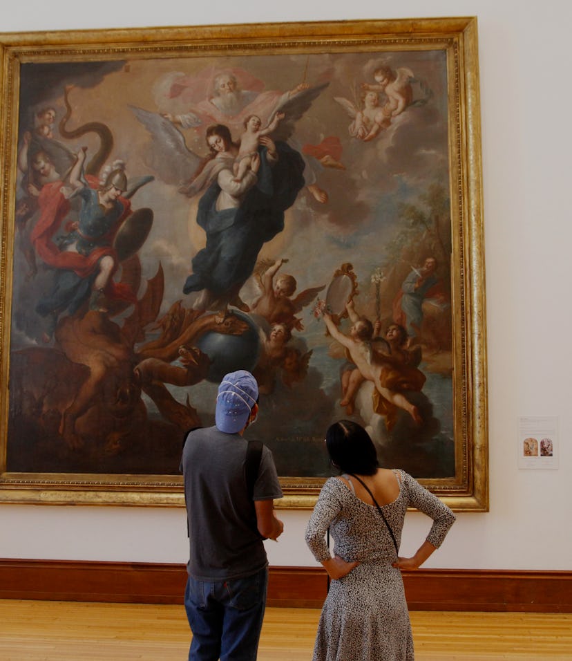 MEXICO CITY, MEXICO - MARCH 16, 2021: A person looks a paint during a tour inside at Munal Museum, a...