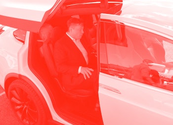 03 September 2020, Brandenburg, Grünheide: Elon Musk, Tesla boss, is sitting in a Tesla at the Tesla...