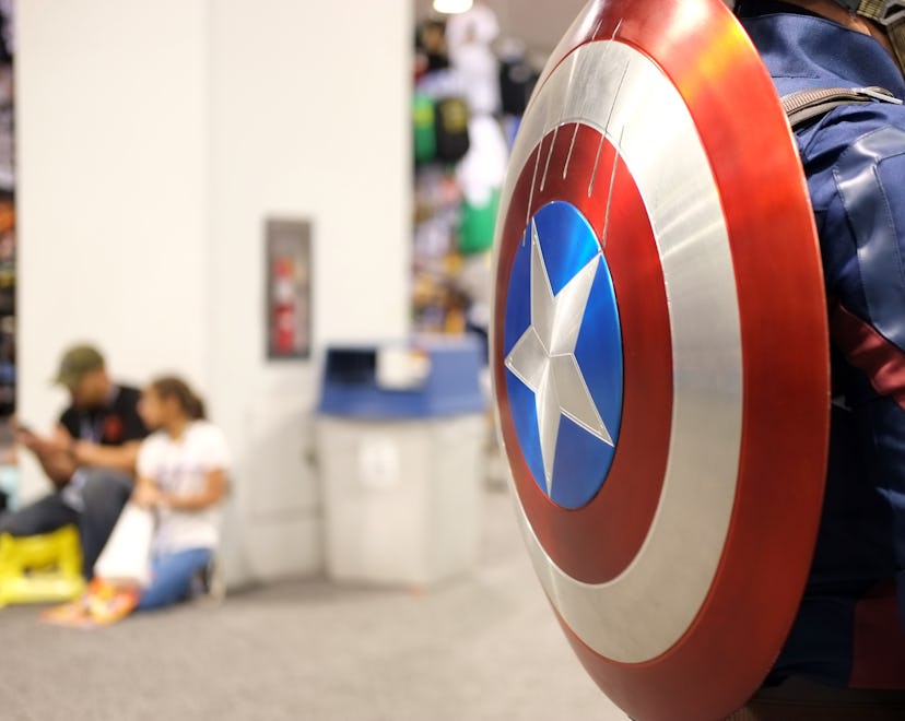 View of a Captain America cosplayer's shield during WonderCon 2018 at Anaheim Convention Center on M...