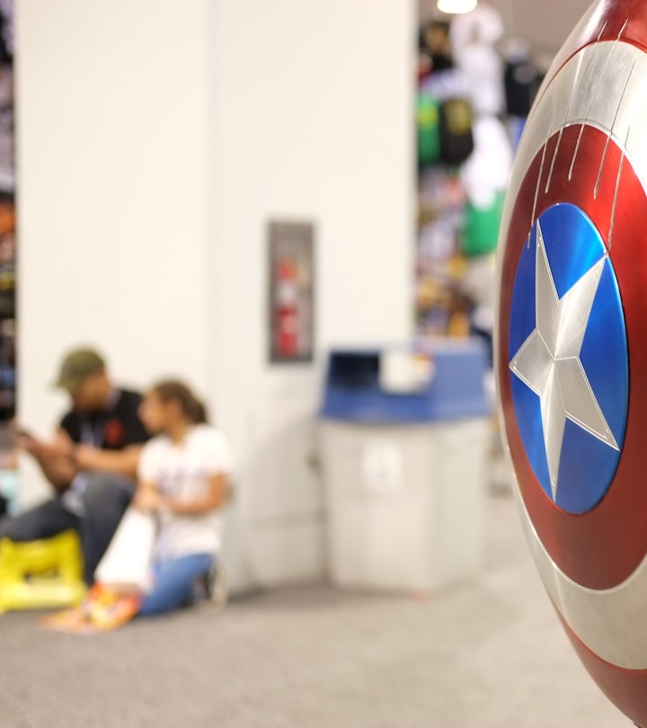 View of a Captain America cosplayer's shield during WonderCon 2018 at Anaheim Convention Center on M...