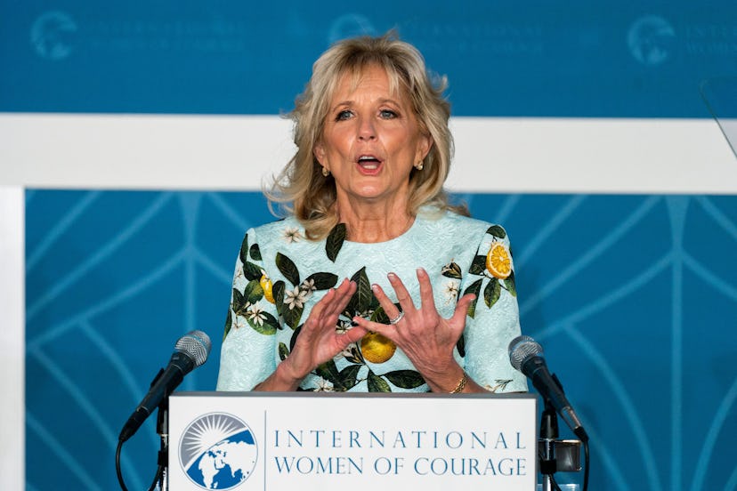 US First Lady Jill Biden speaks at the 2021 International Women of Courage (IWOC) Award virtual cere...