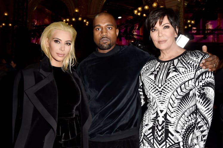 PARIS, FRANCE - MARCH 05:  Kim Kardashian, Kanye West and Kris Jenner attend the Balmain show as par...