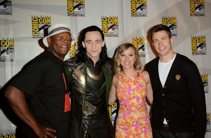 Samuel L. Jackson, Tom Hiddleston dressed as Loki, Scarlett Johansson, and Chris Evans