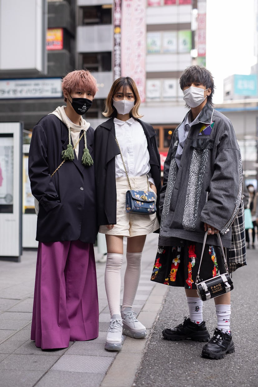 TOKYO, JAPAN - MARCH 20: Guests are seen on the street during the Rakuten Fashion Week Tokyo 2021 au...