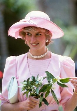 SICILY, ITALY - APRIL 30: Diana, Princess of Wales, wearing a pink dress with puffed sleeves designe...