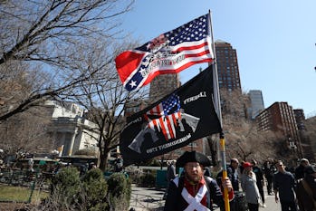 NEW YORK, USA - MARCH 20: A large group of crowds gather at the Union Square as a "Freedom Rally" to...