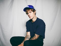 LOS ANGELES, CA - AUGUST 2020:  Justin Bieber poses during a new studio photo shoot for a dreamy pic...