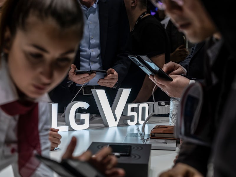 BARCELONA, CATALONIA, SPAIN - 2019/02/25: The new smartphones of the LG V50 series are seen during t...