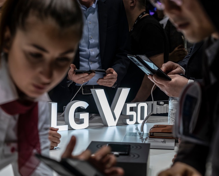 BARCELONA, CATALONIA, SPAIN - 2019/02/25: The new smartphones of the LG V50 series are seen during t...