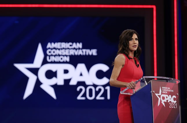 ORLANDO, FLORIDA - FEBRUARY 27: South Dakota Gov. Kristi Noem addresses the Conservative Political Action Conference held in the Hyatt Regency on February 27, 2021 in Orlando, Florida. Begun in 1974, CPAC brings together conservative organizations, activists, and world leaders to discuss issues important to them. (Photo by Joe Raedle/Getty Images)
