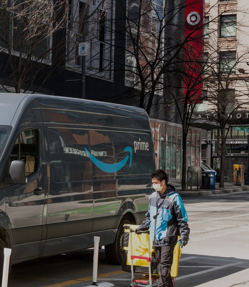 Seattle, USA – Apr 8, 2020: Late in the day an Amazon Prime delivery van parked by Target city on 3r...