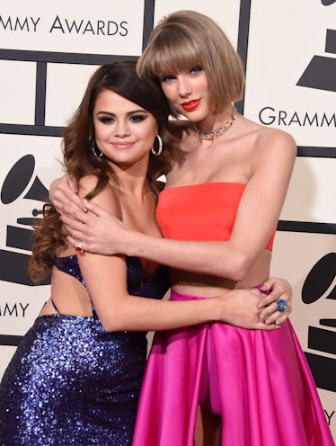 LOS ANGELES, CA - FEBRUARY 15:  Selena Gomez and Taylor Swift arrives at the The 58th GRAMMY Awards ...