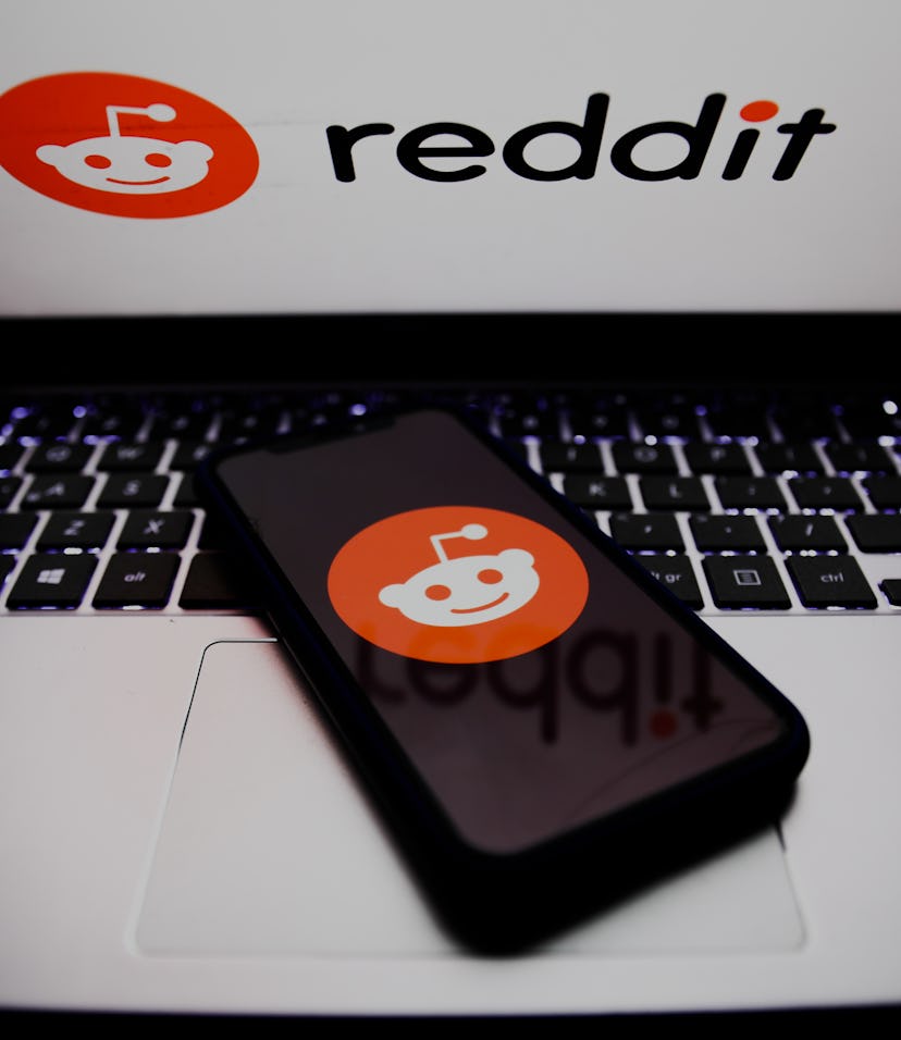 Reddit logos displayed on a phone and a laptop screens are seen in this illustration photo taken in ...