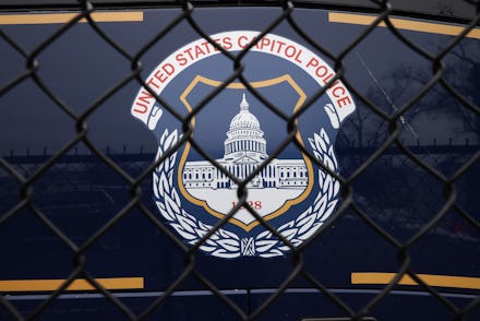 WASHINGTON, DC - FEBRUARY 19: The United States Capitol Police seal appears on the side of a bus par...
