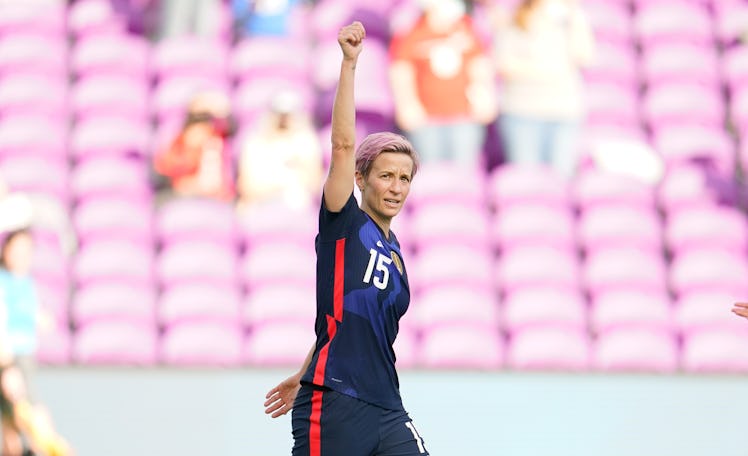 ORLANDO CITY, FL - FEBRUARY 21: Megan Rapinoe #15 of the U.S. scores a goal and celebrates during a ...
