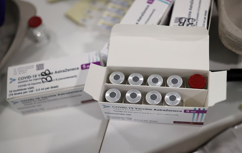 MADRID, SPAIN - MARCH 24: Vials of AstraZeneca vaccine are seen at the Isabel Zendal Hospital in Mad...