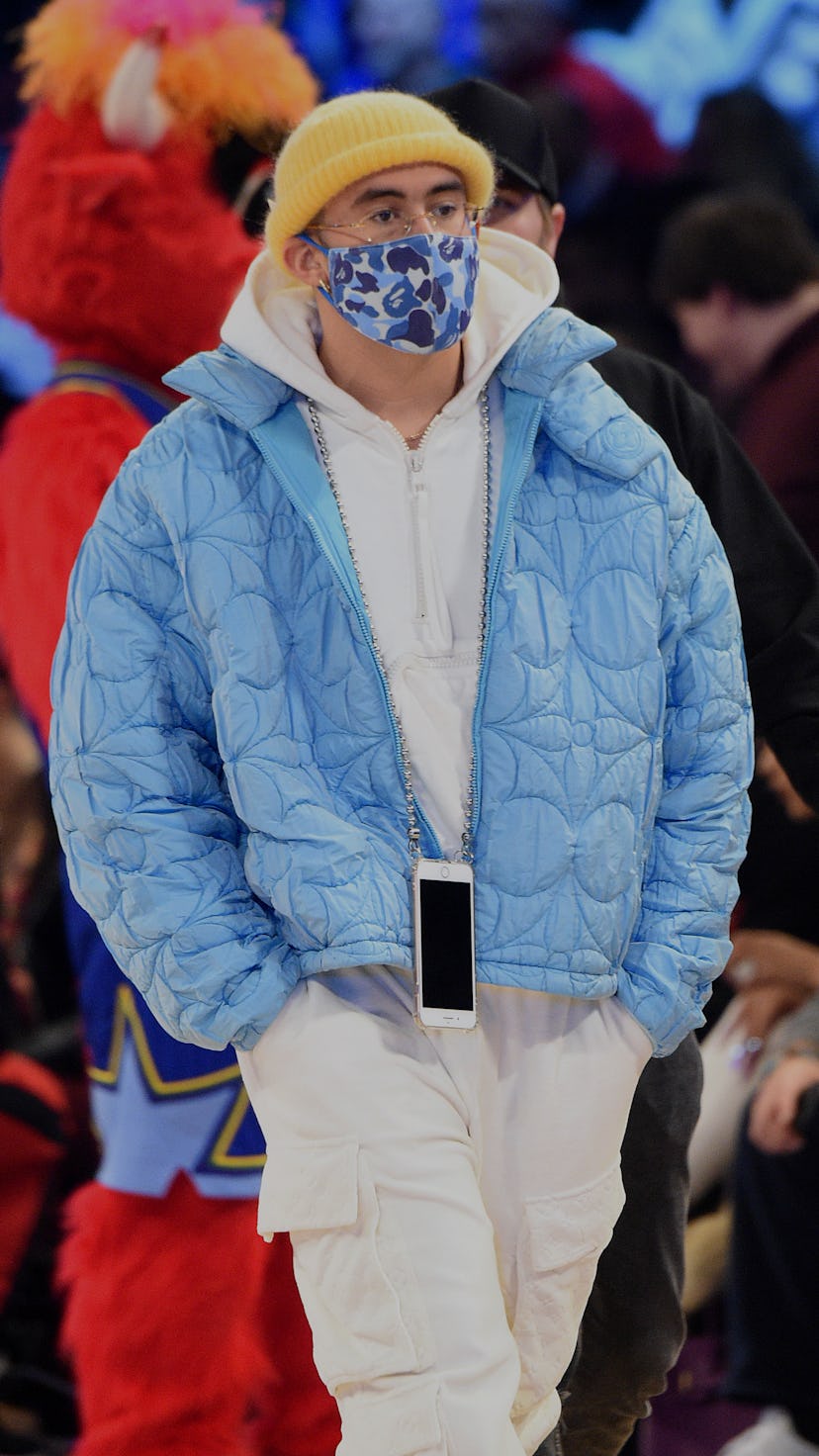 CHICAGO, ILLINOIS - FEBRUARY 16: Bad Bunny attends the 69th NBA All-Star Game at United Center on Fe...