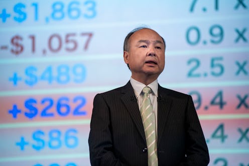 Masayoshi Son, chairman and chief executive officer of SoftBank Group Corp., speaks during a news co...