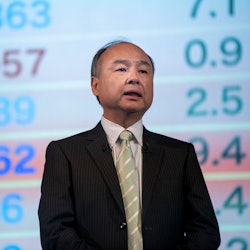 Masayoshi Son, chairman and chief executive officer of SoftBank Group Corp., speaks during a news co...