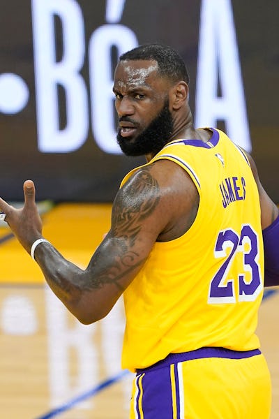 SAN FRANCISCO, CALIFORNIA - MARCH 15: LeBron James #23 of the Los Angeles Lakers reacts to a call by...