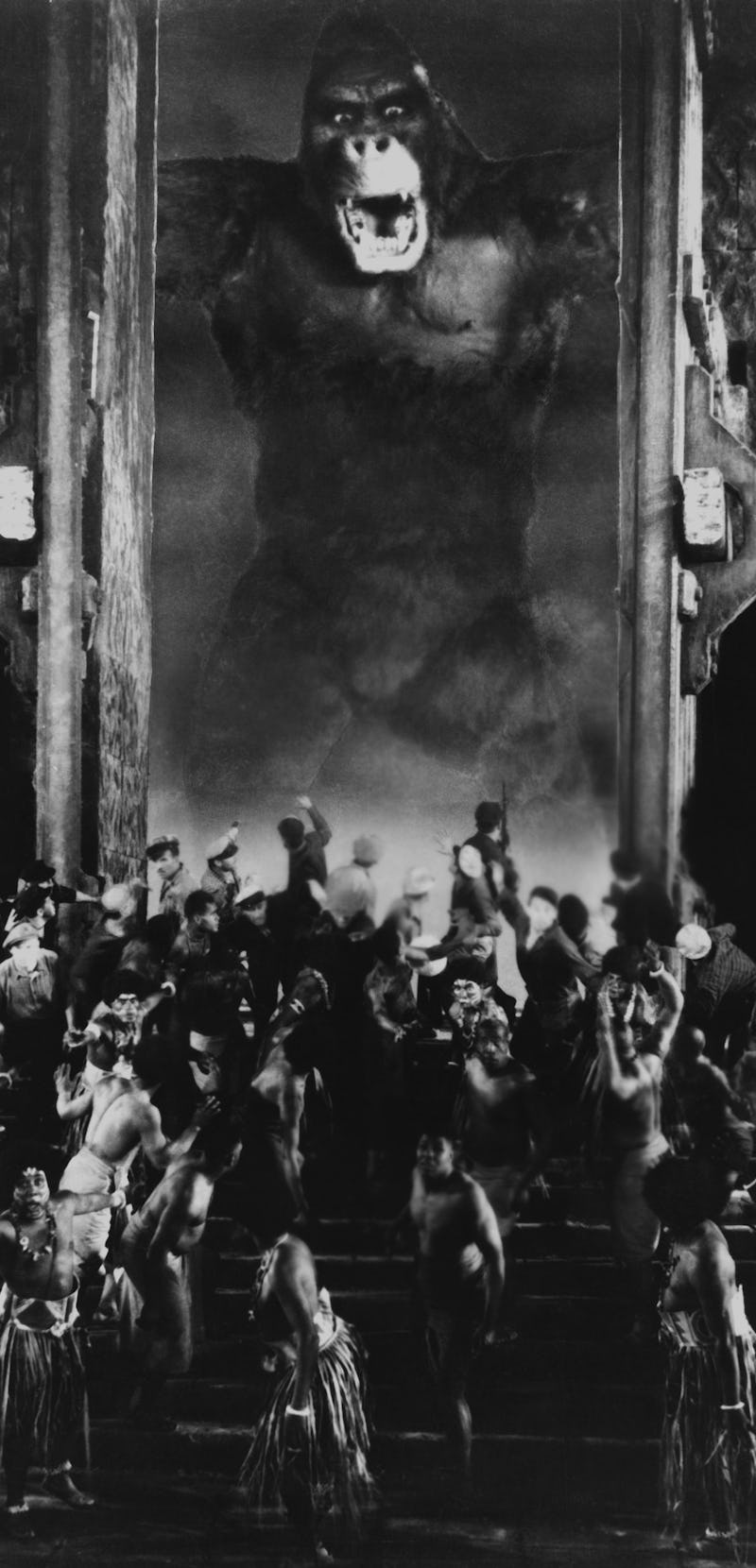 The giant ape terrorises the village on Skull Island in the movie 'King Kong', 1933. (Photo by Silve...